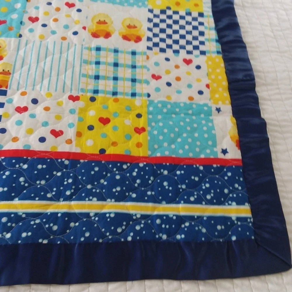 Handmade Baby Quilt Duck Patchwork Blanket Satin Trim Play Mat Blue Yellow 45x28